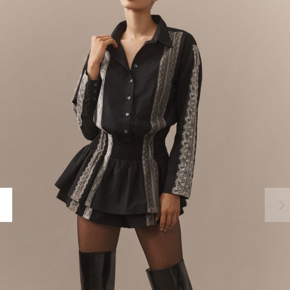 By Anthropologie Long-Sleeve Poplin Lace Skirty Romper NWT size Small